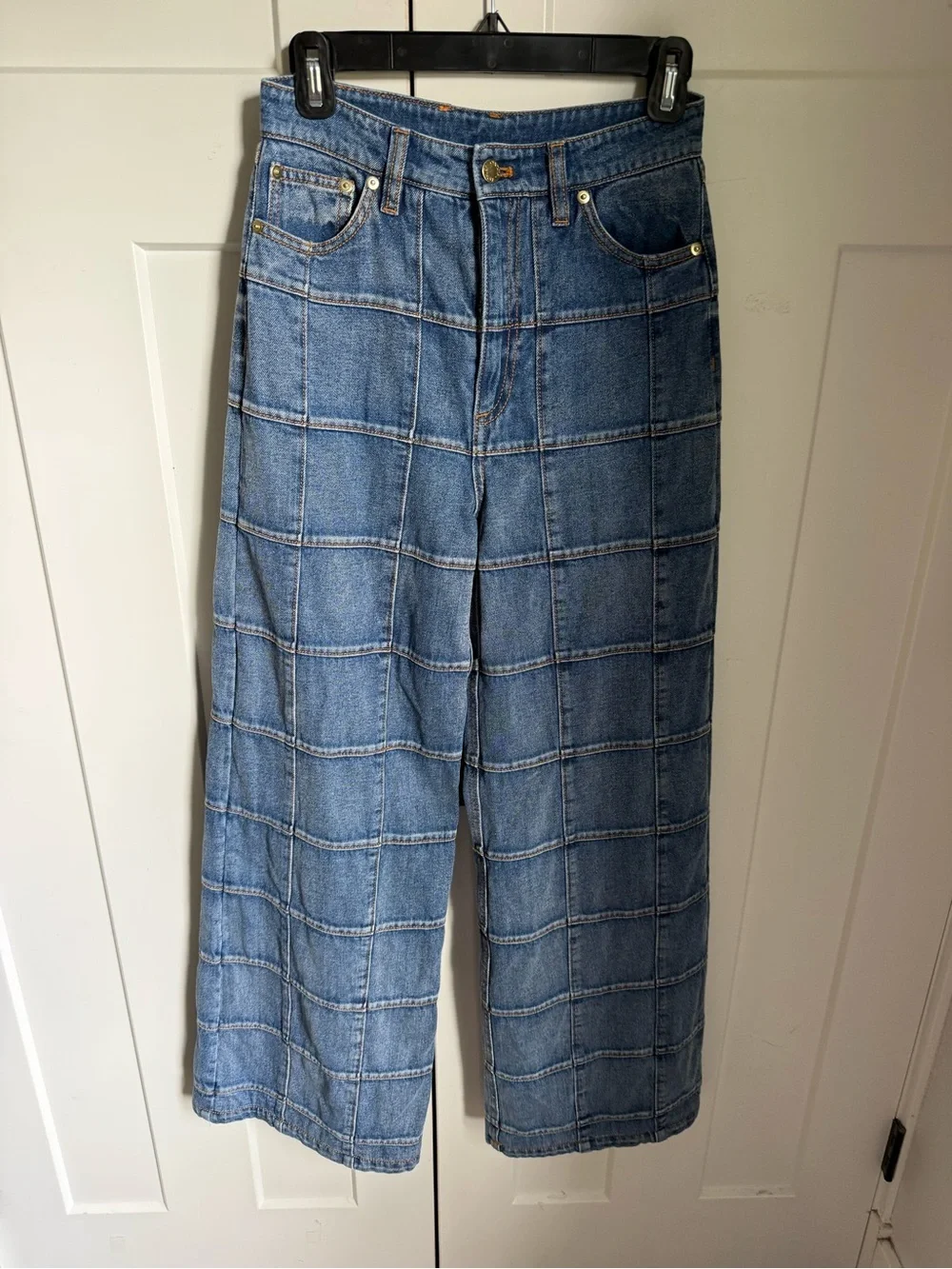 Cynthia Rowley Collection Window Pane Blue Patchwork Wide-Leg Jeans size 25. - Picture 6 of 10